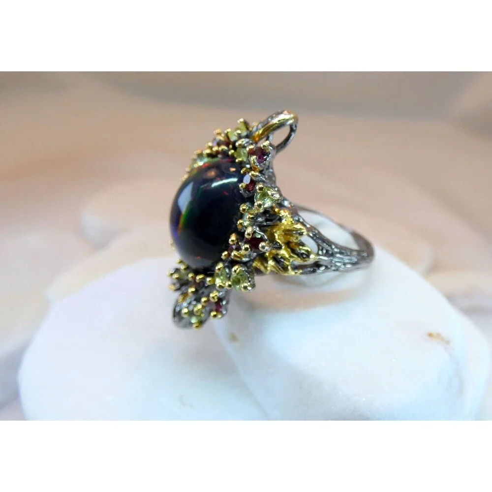 Natural Large 6 CT Black Opal-Rubies-Emeralds Sterling Silver Ring Size 7.75
